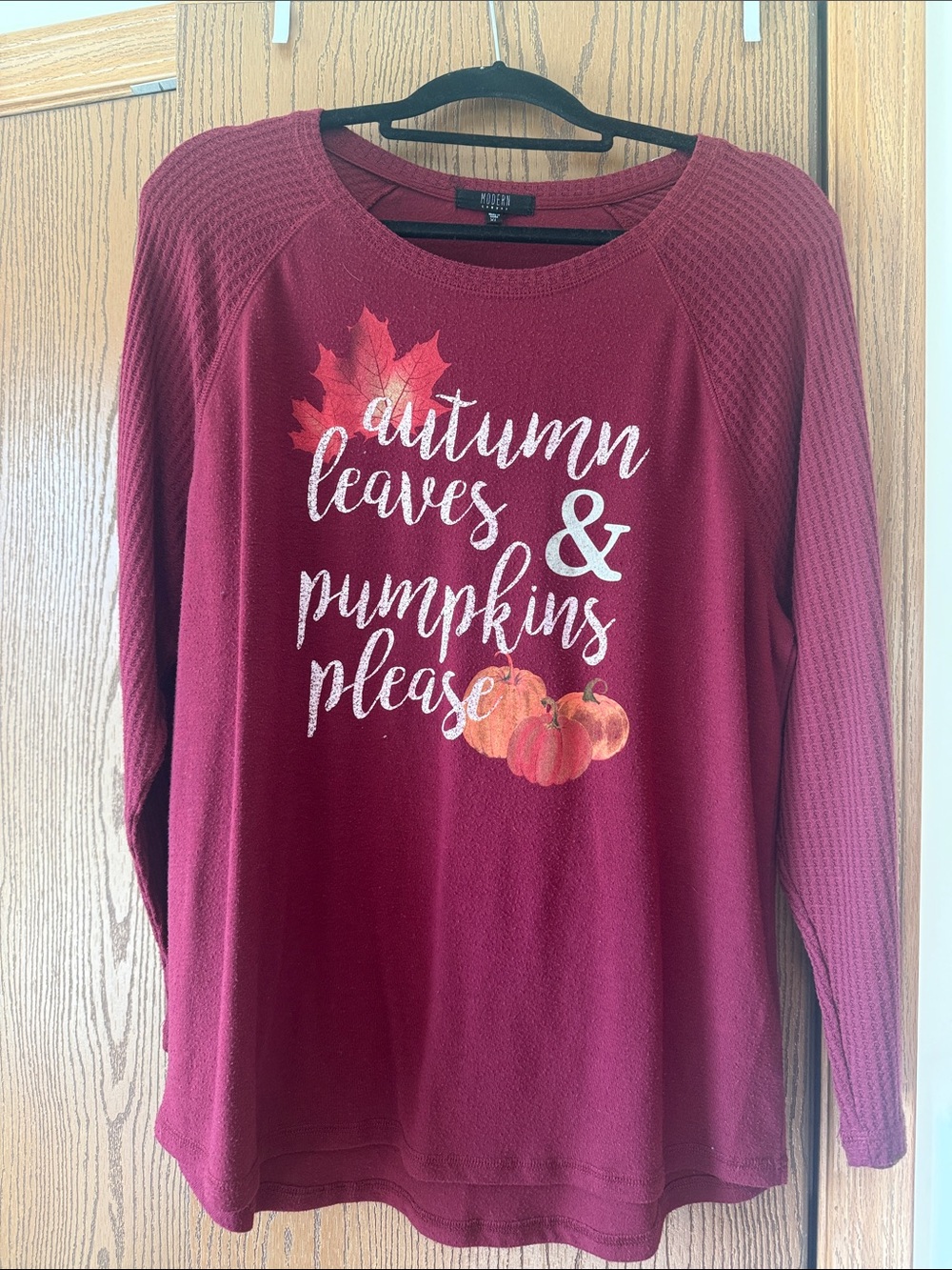 Autumn Leaves & Pumpkins Burgundy Graphic Long Sleeve Top